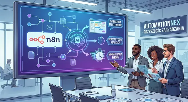 Ilustracja AI — zespół przy prezentacji automatyzacji n8n