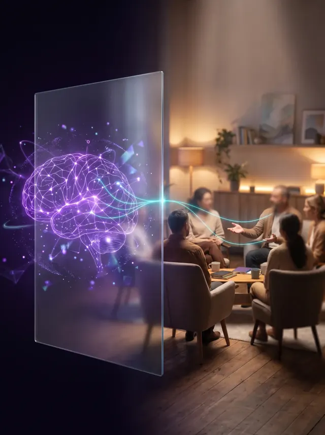 Illustration: AI technology connected by a thread of light to a group of people in conversation